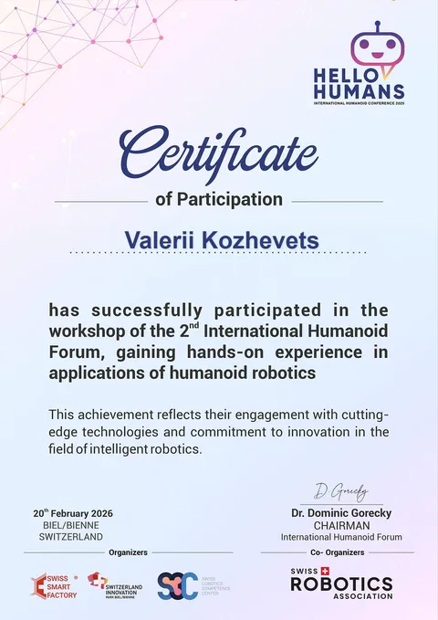 certificate of participation in the workshop of the 2nd International Humanoid Forum