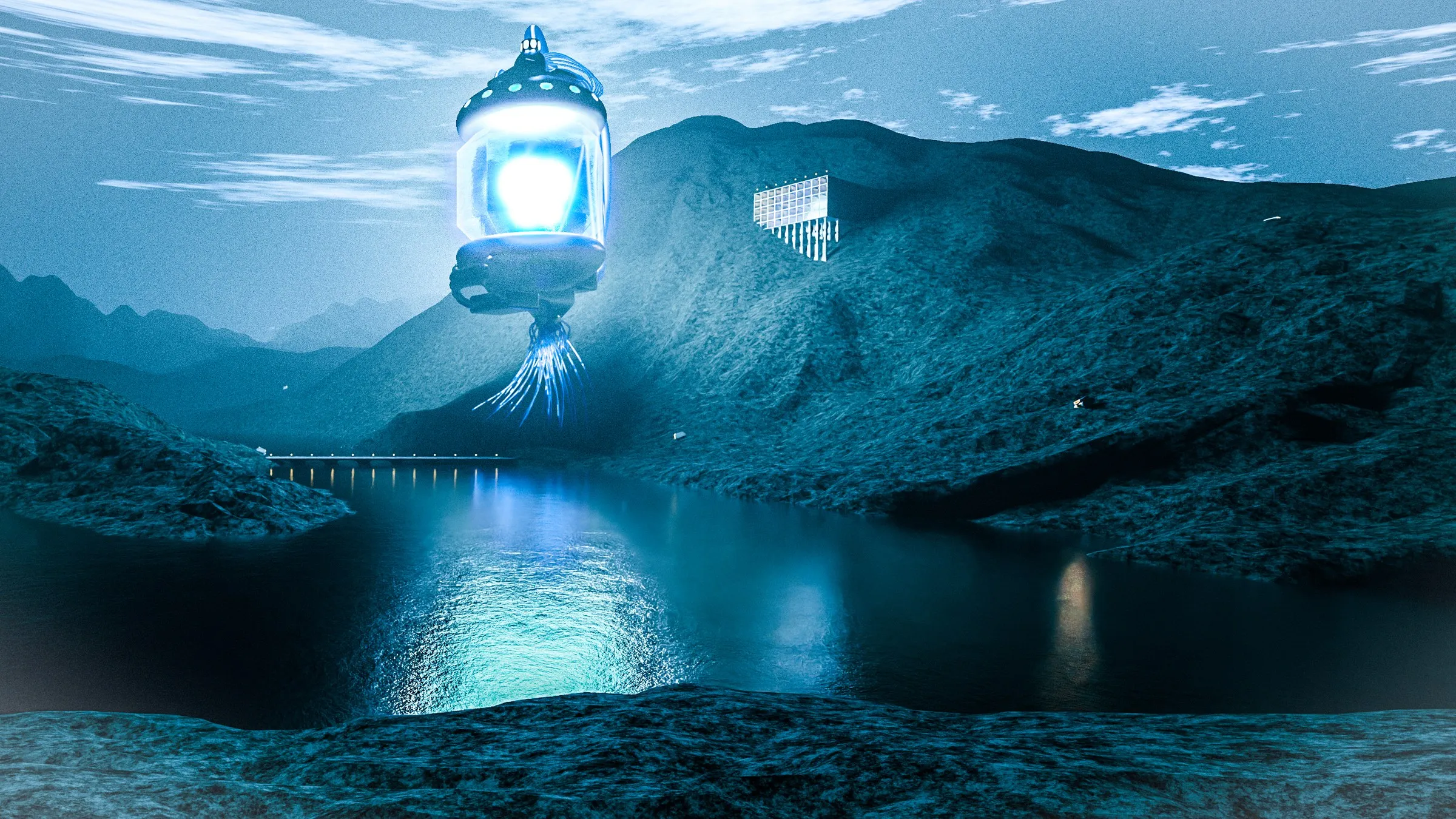a glowing lantern-like machine hovering over a lake between dark hills at night