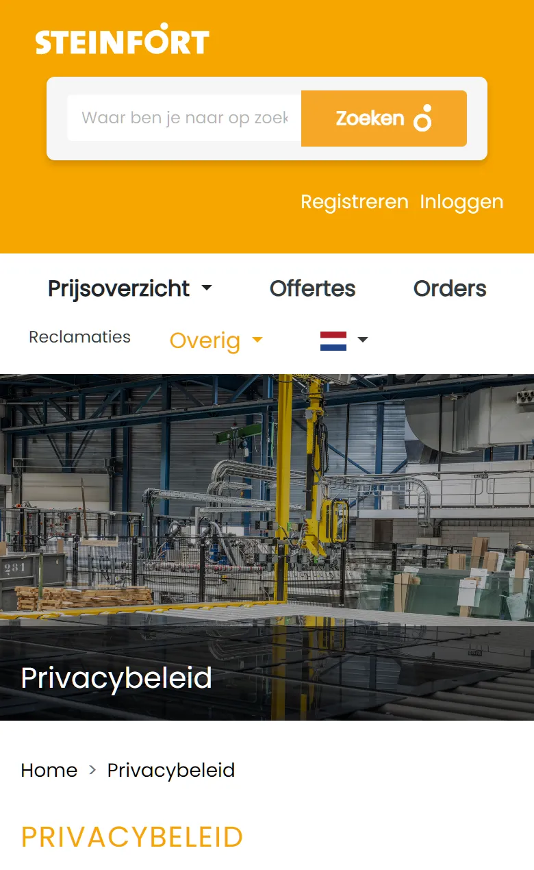 the Mijn Steinfort privacy page on a phone: orange header with logo, search and login links, the menu wrapped onto two rows, a banner photo of the glass factory titled Privacybeleid, and the page heading