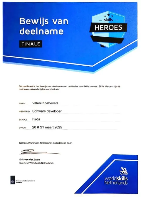 WorldSkills Netherlands proof of participation in the Skills Heroes final
