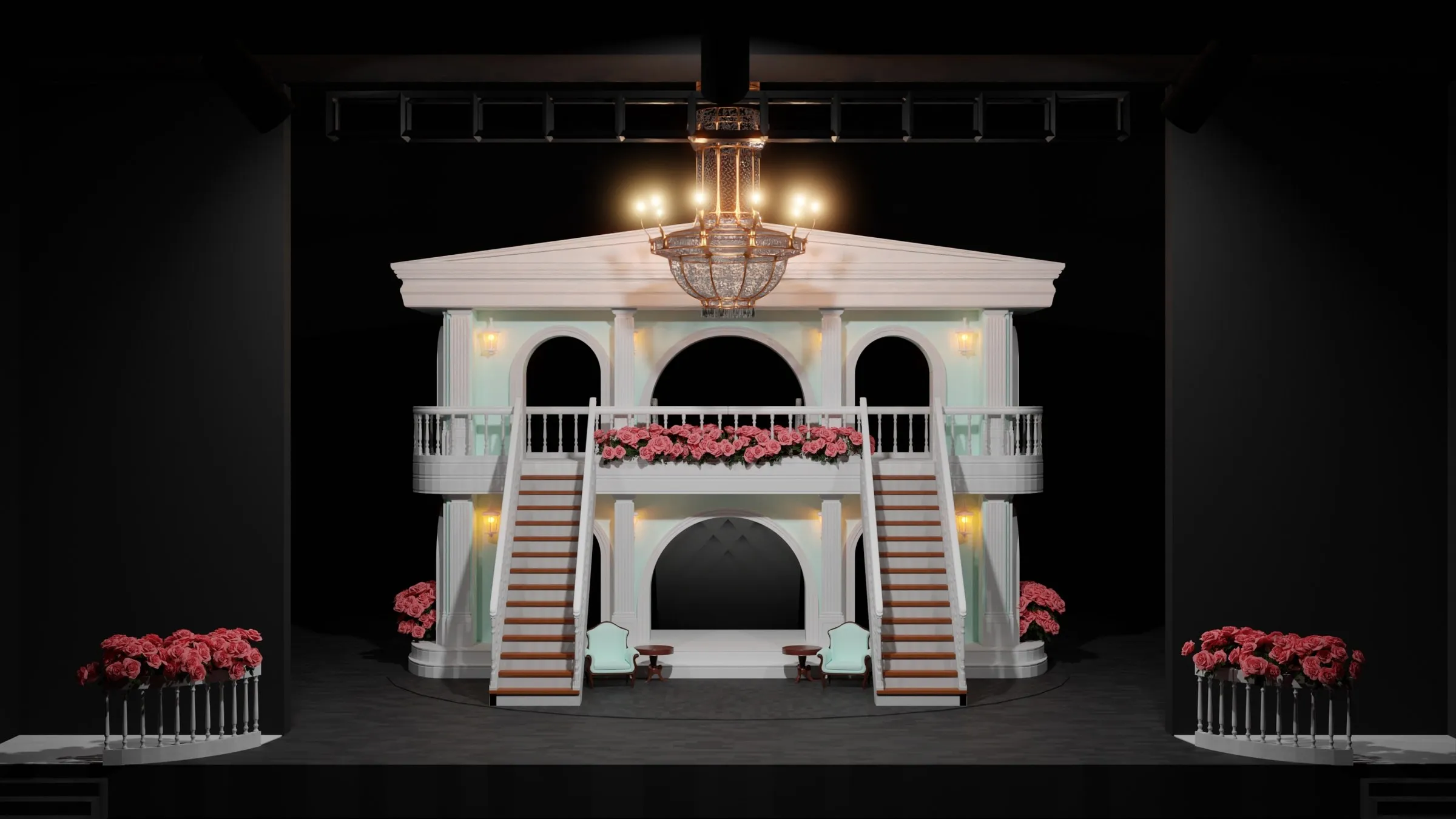 a theatre stage set: a white two-storey facade with twin staircases, a chandelier and roses