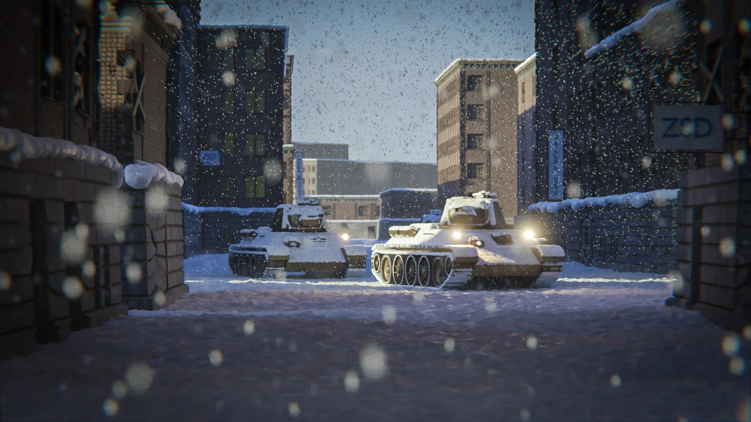 two snow-covered tanks with headlights on in a narrow city street during snowfall